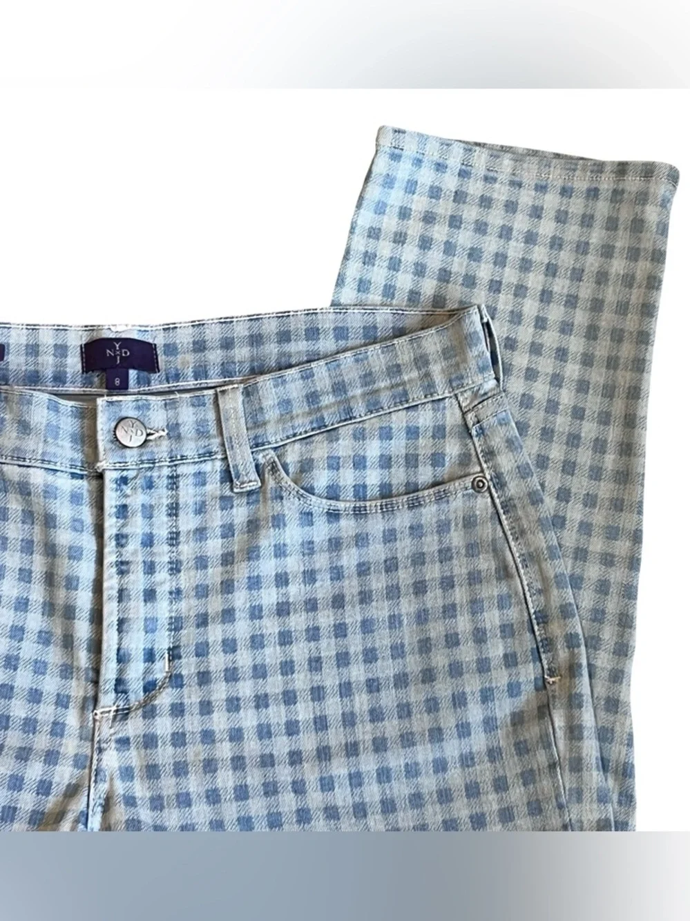 NYDJ Women’s Sz 8 Blue Gingham High Rise Karen Capri Denim Jeans Stretch - Picture 6 of 16